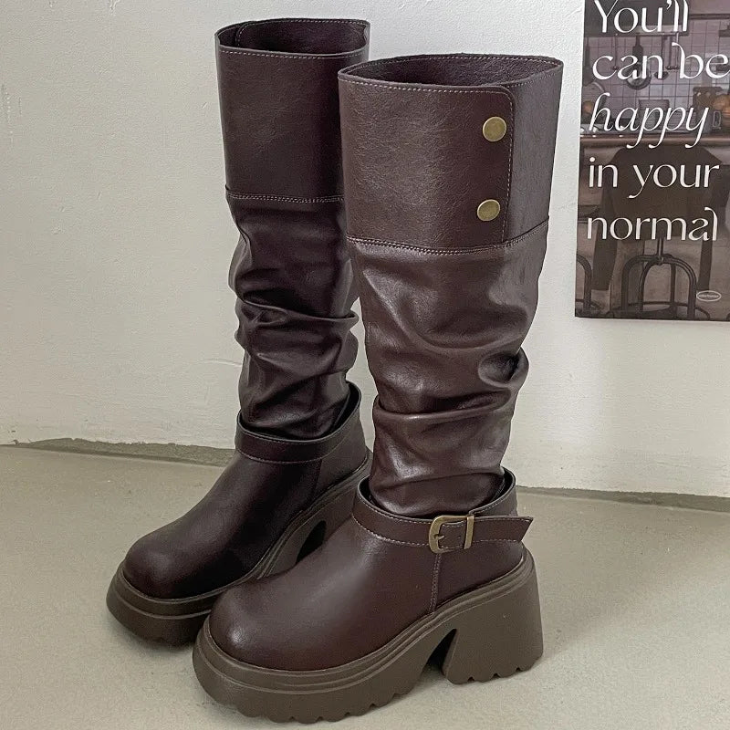 LIZAKOSHT  -  Winter Punk Style Woman Platform Knight Boots Fashion Belt Buckle Shoes Ladies Concise Height Increase Long Booties