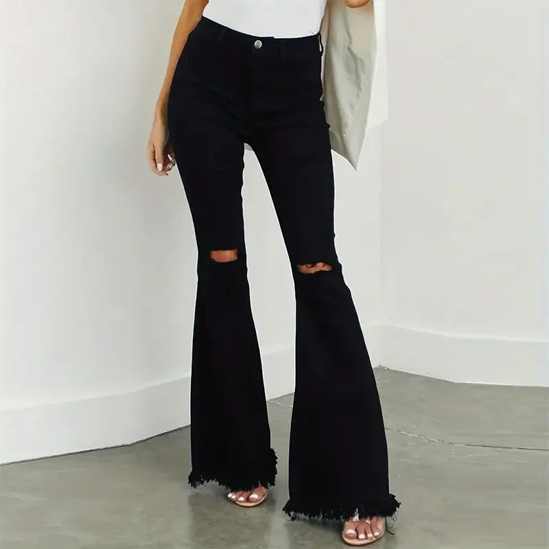 LIZAKOSHT  -  Y2k Jeans For Woman High Waist Ripped Flared Stretch Denim Pants Tattered Hem Slim Fit Long Trousers Fashion Trendy Chic