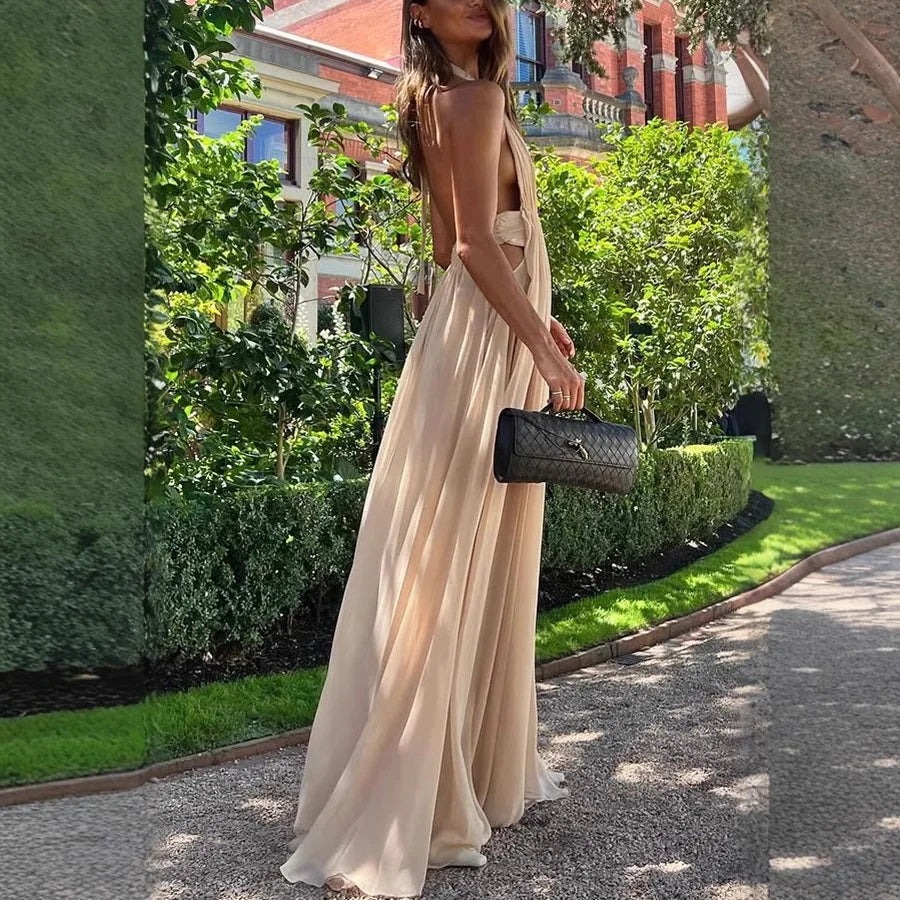 LIZAKOSHT  -  New Summer Deep V-neck Long Evening Dress with Folded Hanging Neck and backless Dress