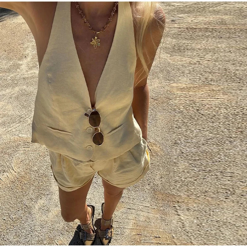 LIZAKOSHT  -  Fashion Halter Women's Two Piece Suit V-neck Sleeveless Single Breasted  Backless Top Short Pants 2025 Summer Lady Causal Outfit