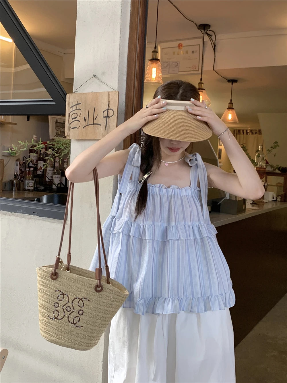 LIZAKOSHT  -  Women's Off-sholuder Sleeveless Straps Lace-up Loose Striped Camisole Summer Seaside Resort Style Suspender Tops Female Clothing