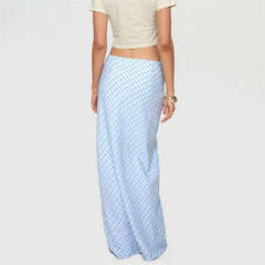 LIZAKOSHT  -  y2k Long Skirt Women Summer Grunge Clothes Sky Blue Plaid Print Low Waist Straight Loose Skirts Ladies Club Streetwear
