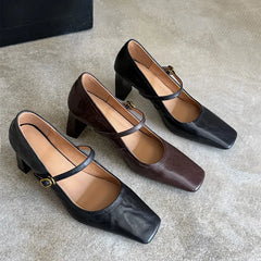 LIZAKOSHT  -  Fashion Pumps New High Quality True Leather Square Head Shallow Mouth High Heels Mary Jane Shoes Commuter Women's Shoes