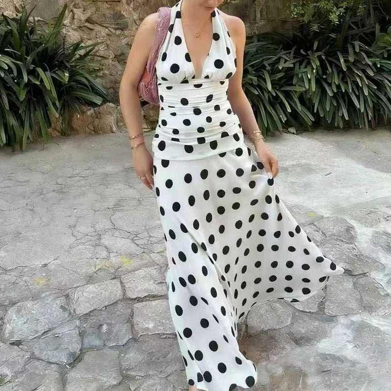 LIZAKOSHT  -  Elegant Polka Dot Backless Pleated Dress Temperament High Waist Sleeveless Dress Sexy Hanging Neck Off Shoulder Club Party Dress