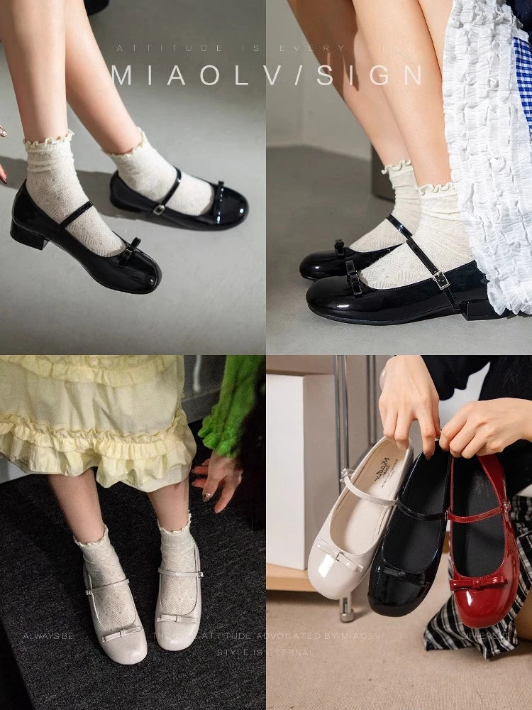 LIZAKOSHT  -  Spring Wine Red Women Mary Jane Shoes Shallow Ladies Casual Butterfly-knot Ballet Flat Shoes Eelgant Dress Leather Shoes