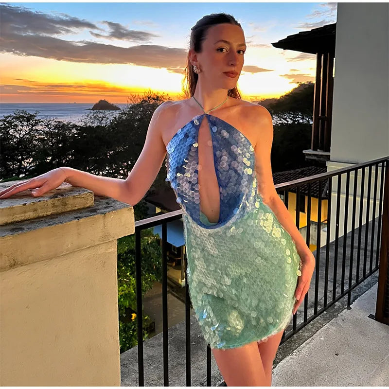 LIZAKOSHT  -  Sexy Green Halter Short Dress Women Slim Lace Up Hollow Out Sleeveless Backless Dresses 2025 Summer Lady Party Beach Robes