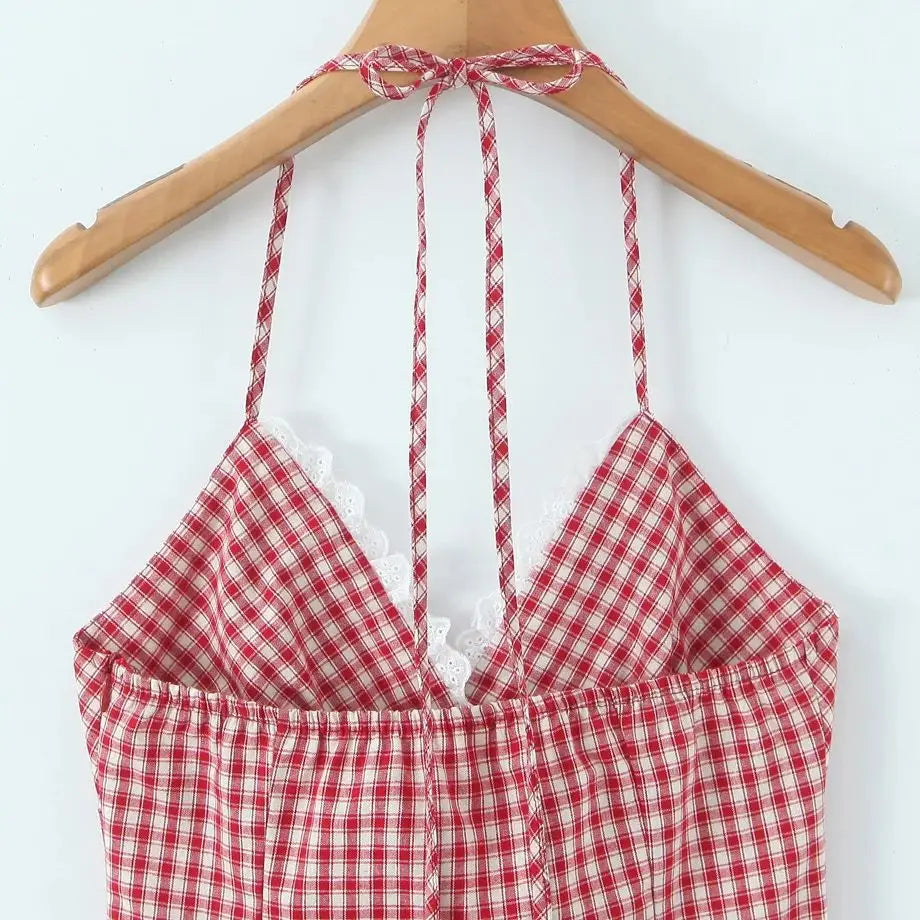 LIZAKOSHT  -  Sexy Red White Plaid Spliced Lace Lacing Up Bow Halter V Collar Mini Dress Women Ruffles Hem A-line Short Dresses Robe Vestidos
