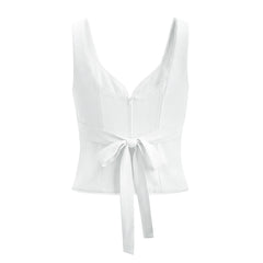 LIZAKOSHT  -  Sexy White V neck Low Ruched Bra Chest Tank Tops Women Tie Bow Sashes Zipper Back Crop Tank Girl Tee