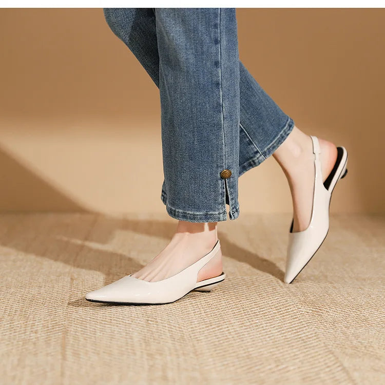 LIZAKOSHT -  Delicate Red Shiny Leather Sandals Woman Slingback Low Heels Shoes Ladies Party Brides Tacones Mujer Pointed Toe Flats Sandalias