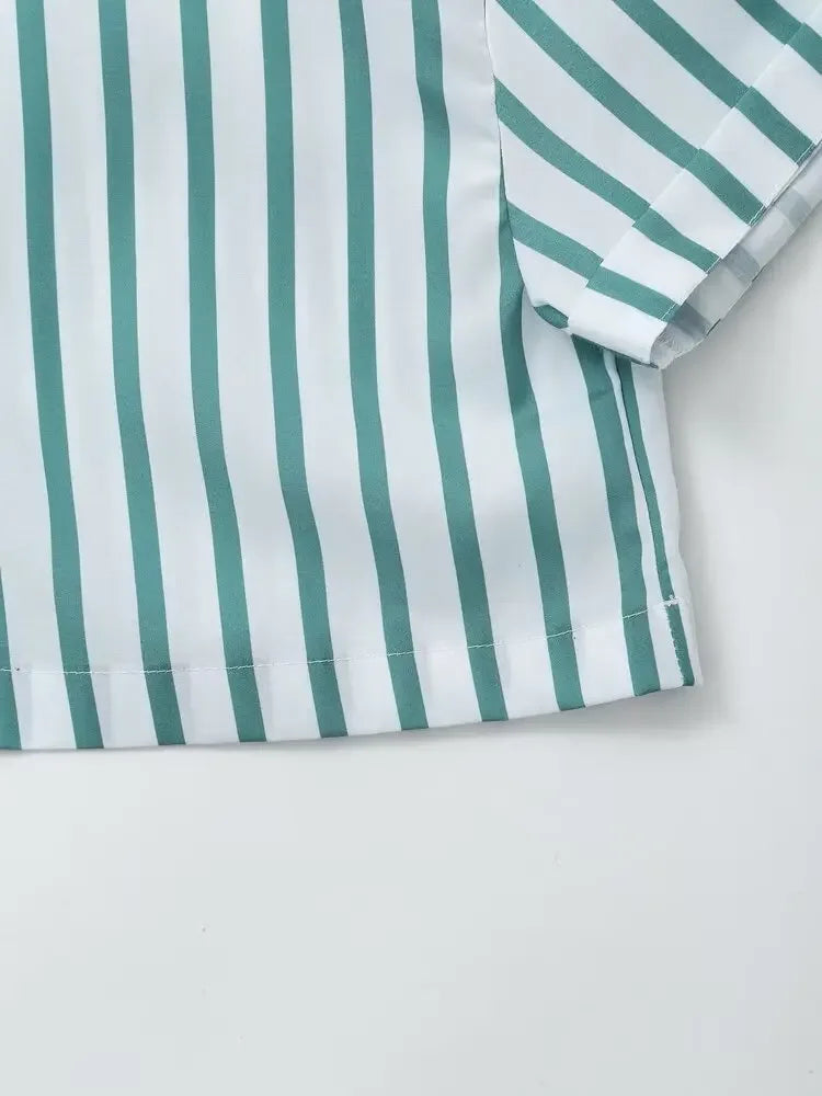 LIZAKOSHT  -  Women's Striped Shirt Trousers Suit Lapel Short-sleeved Top Side Striped Elastic Waist Pants Spring Summer New Chic Suit