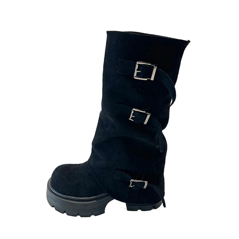 LIZAKOSHT  -  Winter Fashion Platform Thick Heel Woman Knight Boots Fashion Belt Buckle Slip On Mid Calf Booties