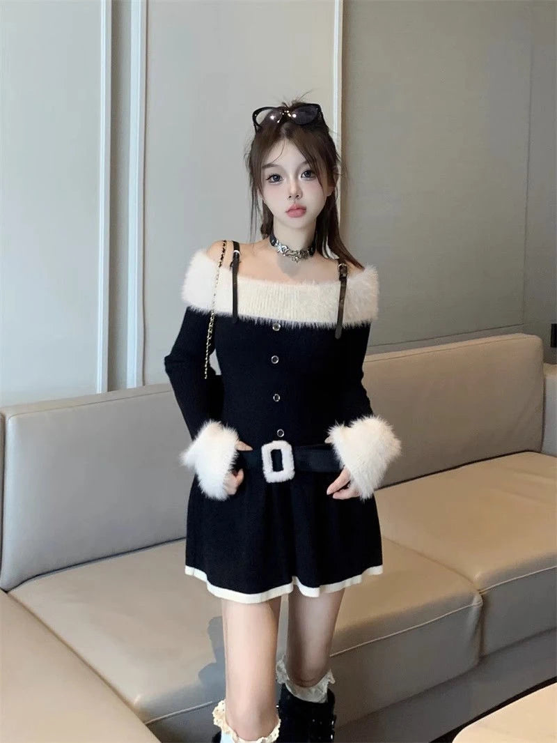 LIZAKOSHT  -  Women Knitted Mini Dress Autumn Hottie Slash Neck Patchwork Fashion Camisole Dresses Off Shoulder Belt Button Casual Vestidos