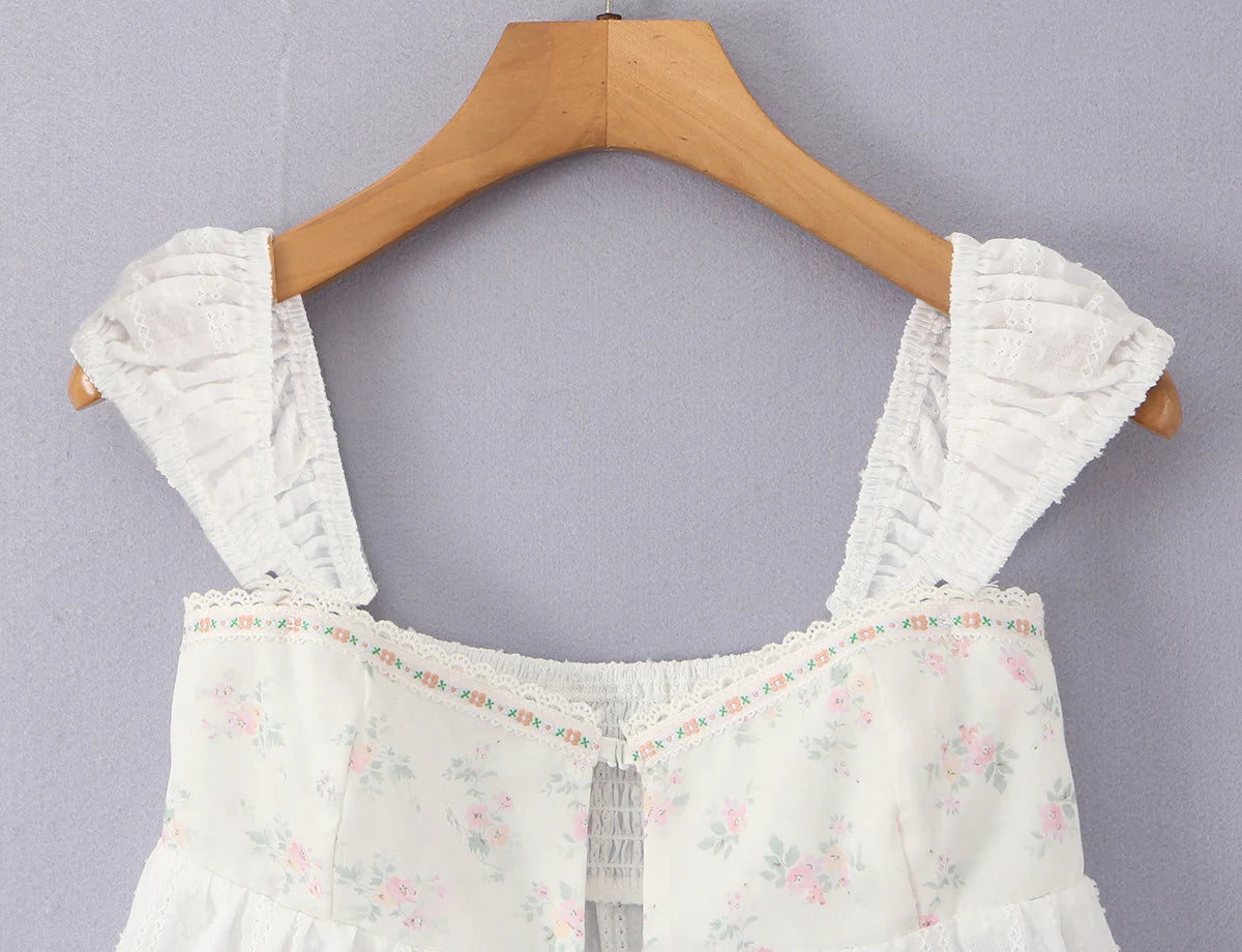 LIZAKOSHT  -  Sexy White Spliced Floral Print Elastic Strap Tank Top Women Hook Buttons Lacing Up Bow Front Elastic Back Crop Vest Beach