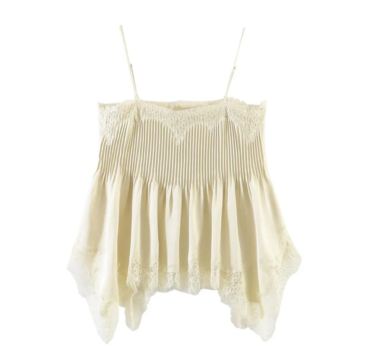 LIZAKOSHT  -  Sexy Women Apricot Spliced Lace Slash Collar Front Pleated Camisole Women Hem Asymmetry Tank Tops Waist Crop Top Camis
