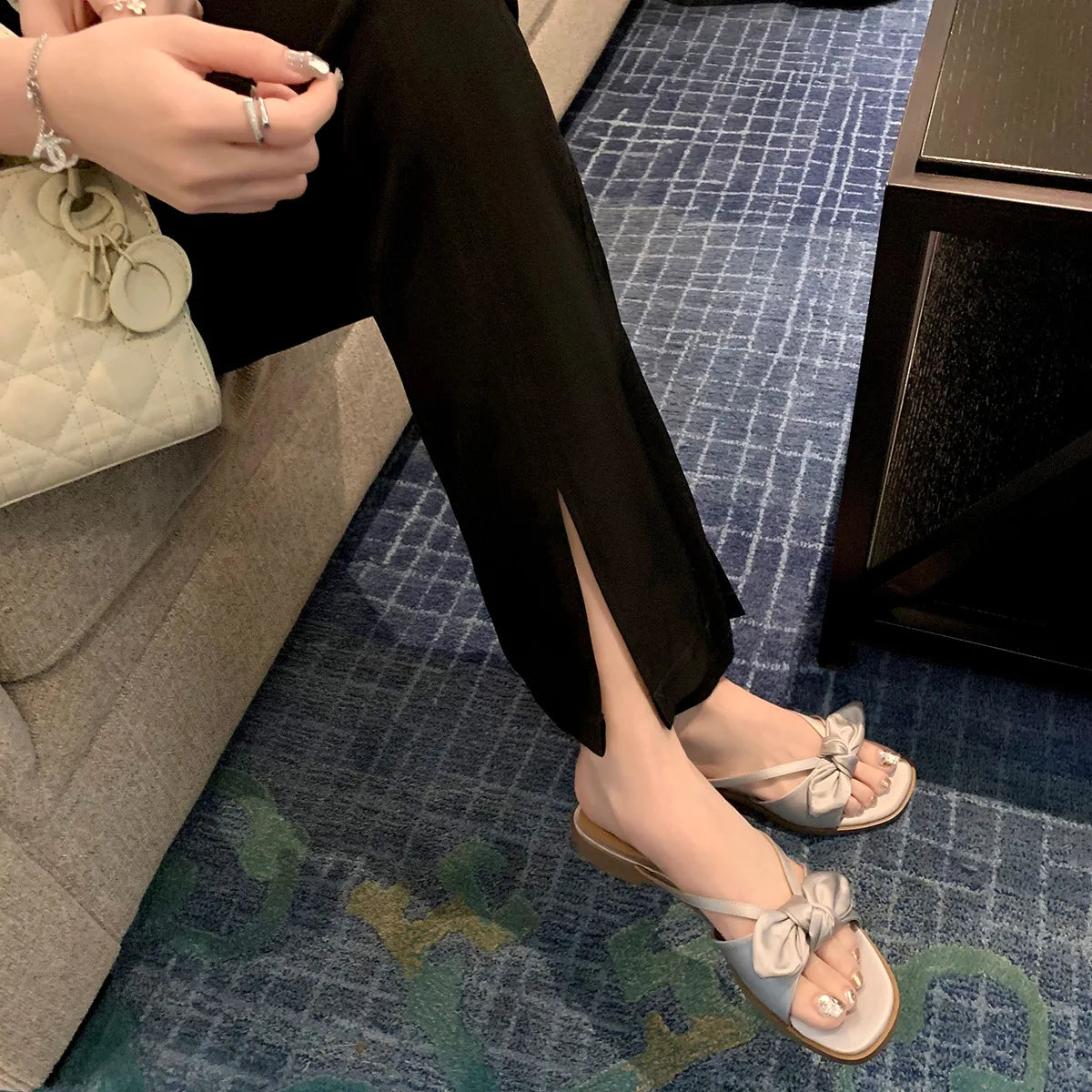 LIZAKOSHT  -  Luxury Silk Slippers Women Butterflyknot Slides Shoes Summer Ladies Low Heels Flat Sandals Femmes Evening Party Flip Flops