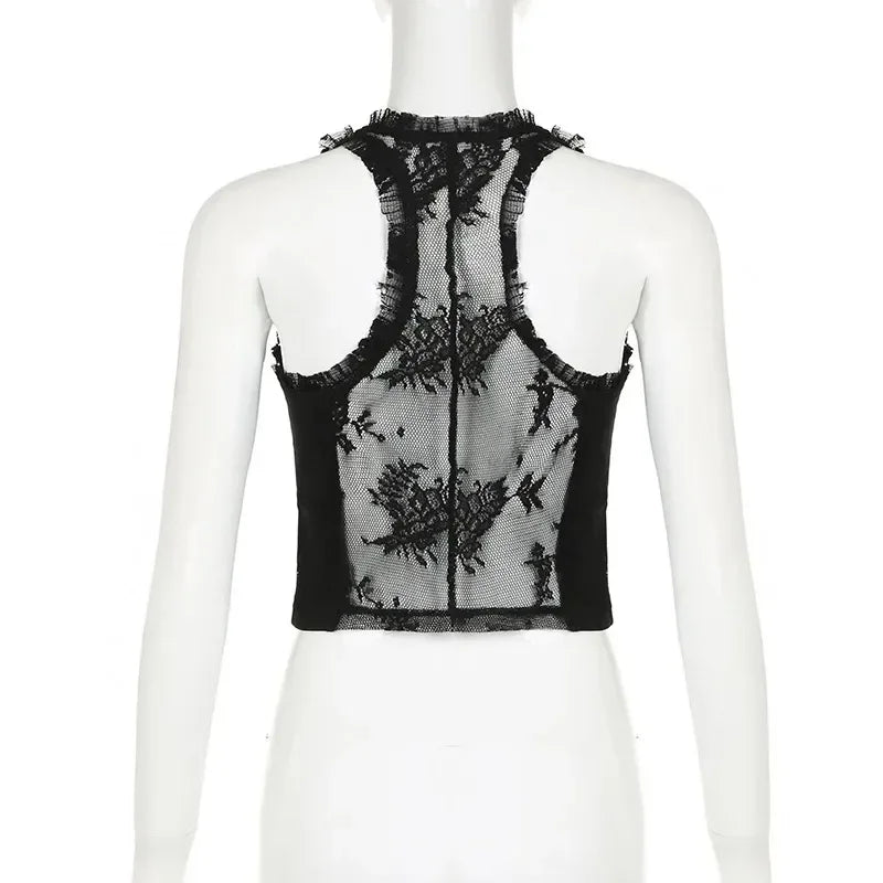 LIZAKOSHT  -  New Dark Vintage Techwear Hotsweet Lace See Through Thin Tanks Top Sexy Button Cardigan Crop Tops Women's Gothic Sheer Vest