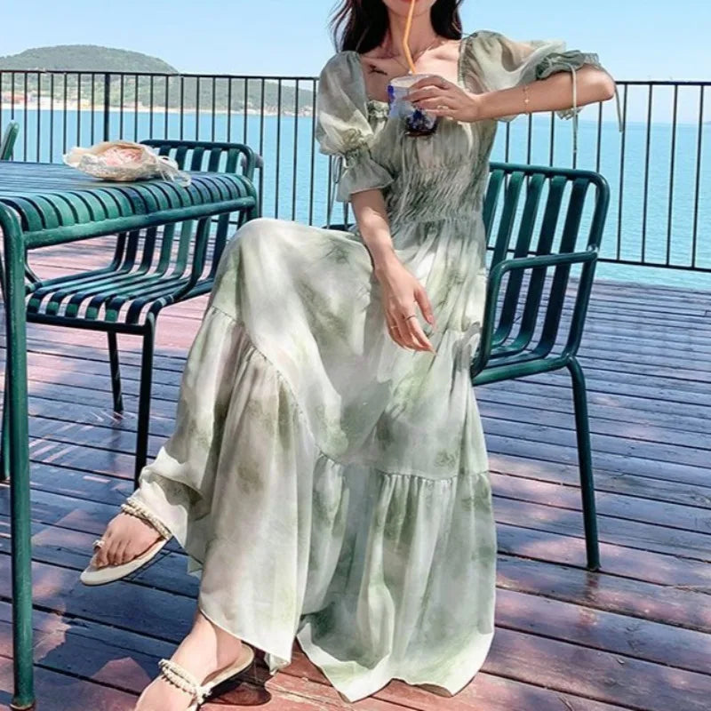 LIZAKOSHT  -  Green Woman Dresses Square Neck Elegant Spring Summer Vestidos Mujer Puff Sleeve Beach Style Retro Long Dress