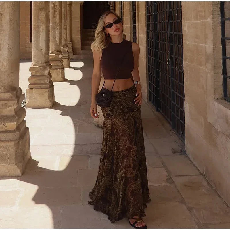 LIZAKOSHT  -  Fashion Print Long Skirt Women High Waist Ankle-length Loose Swing Skirt 2025 Summer Fashion Female Vacation Streewear Outerwear