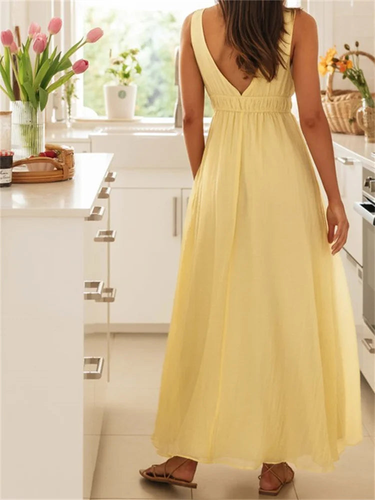 LIZAKOSHT  -  Retro Women Evening Party Long Dress Solid Color Sleeveless Deep V-Neck Front Tie-up Dress Formal Female Vestido