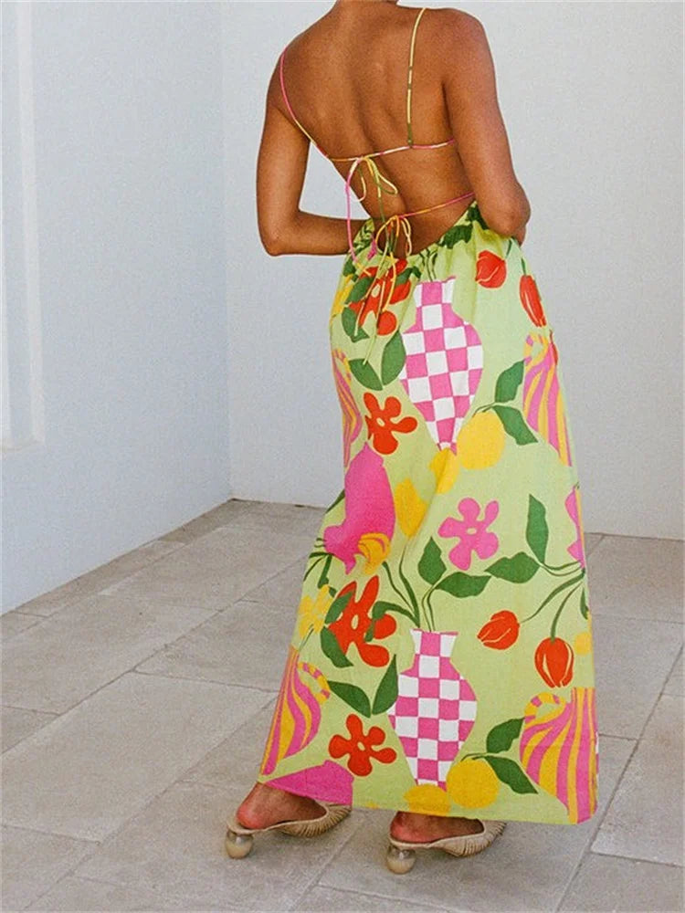 LIZAKOSHT  -  Women Sleeveless Strap Dress Backless Floral Bohemian Long Maxi Dress Summer Beach Female Vestidos Beachwear New