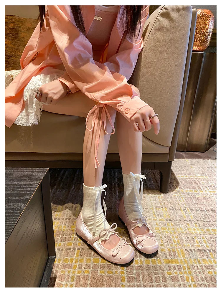 LIZAKOSHT  -  sweet pink silk height increasing flats women round toe bowtie lolita shoes ankle strap elevator mary janes shoes woman