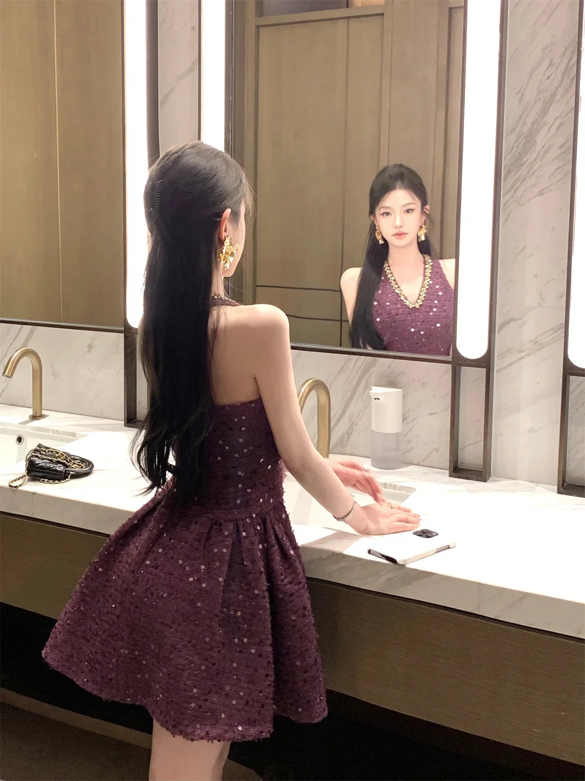 LIZAKOSHT  -  Korean Sweet Tweed Short Dresses For Women 2025 Spring Fashion Luxury Sequins Hotsweet Backless Sexy Party Dress Vestidos Cortos