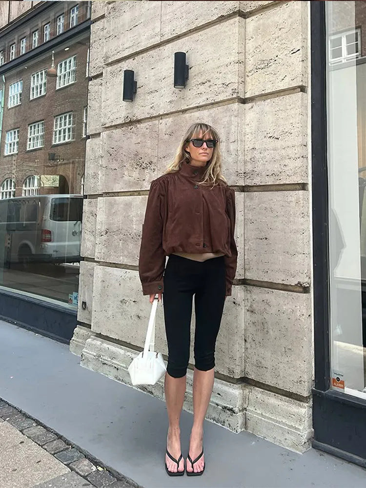 LIZAKOSHT  -  Retro Brown Suede Short Jacket Elegant Women Stand Collar Full Sleeves Single Breasteds Loose Coats Autumn Chic Lady Street Wear