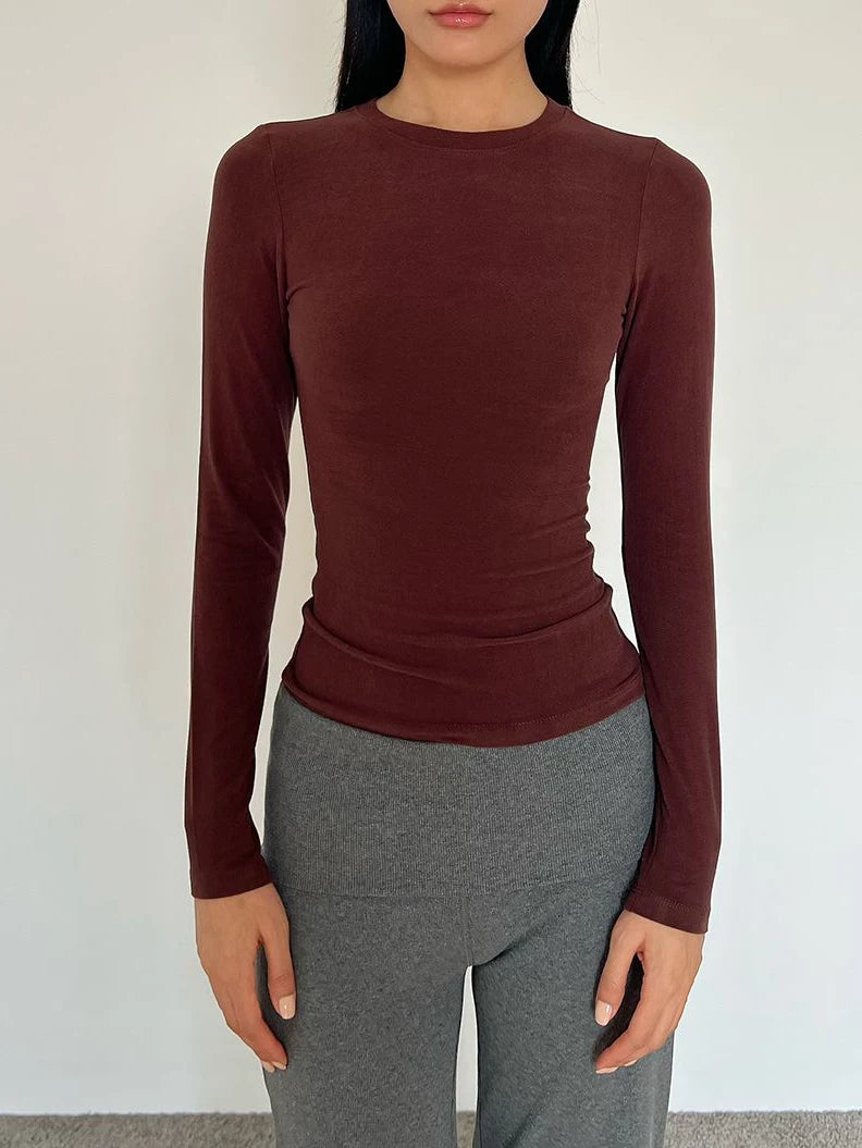 LIZAKOSHT  -  Solid Basic Long Sleeve T-shirts Woman Spring Crew Neck Slim Tee Shirts Female Casual Simple All-match Tshirts Y2k Tops New
