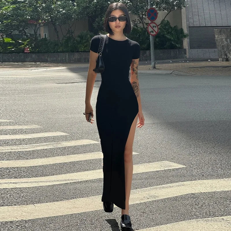 LIZAKOSHT  -  Summer Black Fashion Maxi Dress For Women High Waist Short Sleeve Side Split Sexy Party Dress Gown Female Bodycon Dress