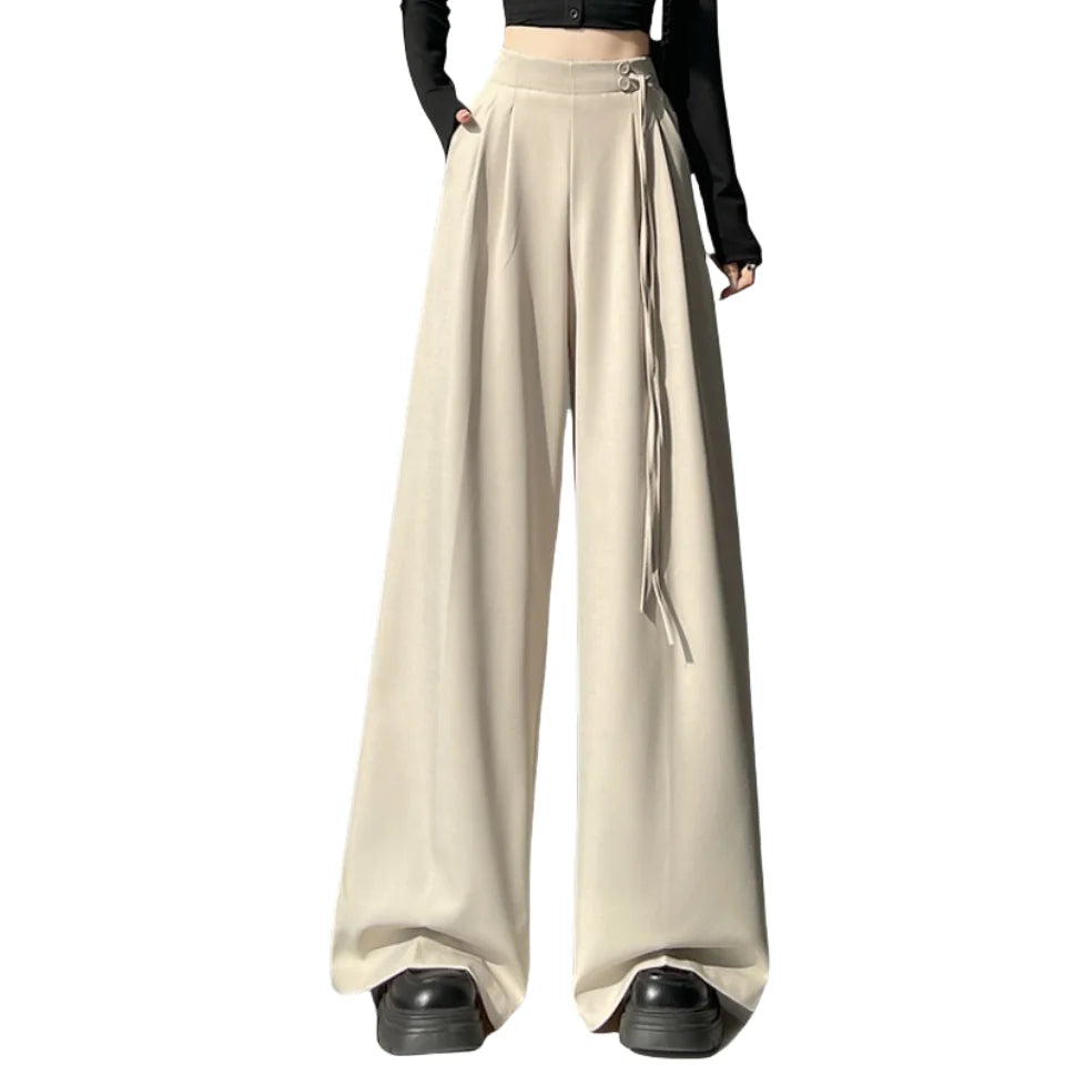 LIZAKOSHT  -  New Spring Summer Buttons High Waist Wide Leg Pants for Women High Waist Lace-up Straight Loose Full Length Trousers Female