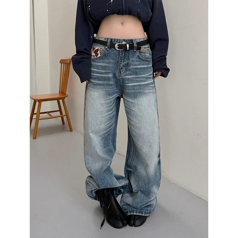 LIZAKOSHT  -  Women's Gothic Y2k Blue Jeans Vintage Hiphop Grunge American Splicing Jeans Pants Baggy Boyfriend Wide Leg Denim Pants