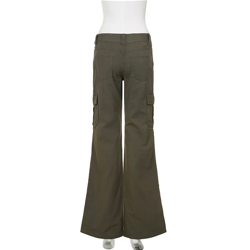 LIZAKOSHT  -  Vintage Low Rise Cargo Flare Pants Multi Pocket Streetwear Trousers