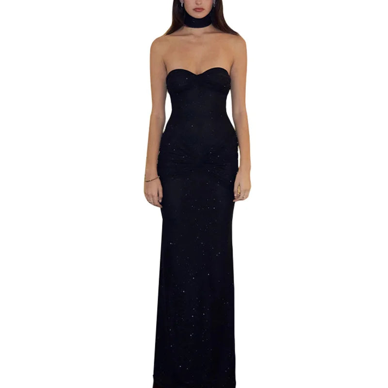 LIZAKOSHT  -  Evening Party Dresses for Women Rhinestone Off Shoulder Strapless Twist Front Bodycon Dress with Choker Club Dresses