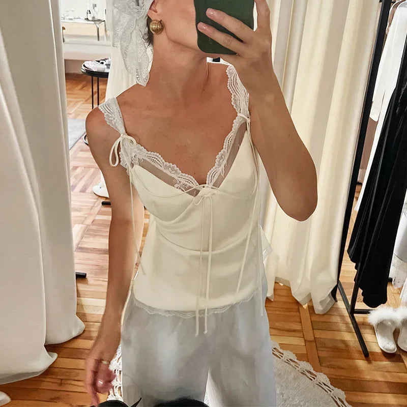 LIZAKOSHT  -  Women Tank Top Lace Trim Daily Layering V Neck Sleeveless Satin Cami Tops Bow Tie Spaghetti Strap Camisole V2k Vintage Clothes