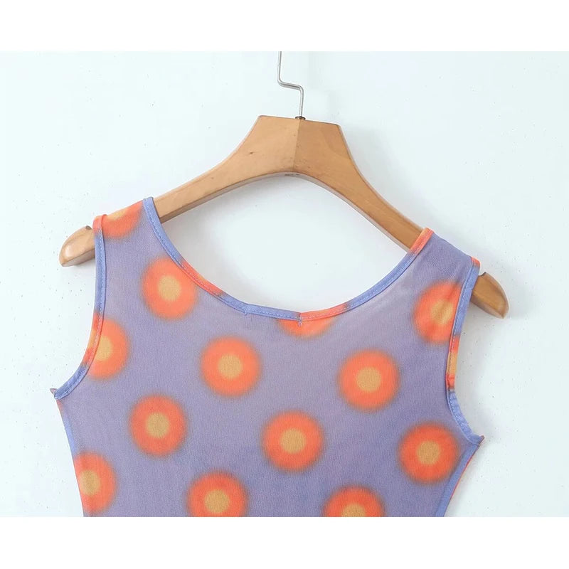 LIZAKOSHT  -  Sexy Women Vintage Big Dot High Strech Mesh Tank Dress Sleeveless A-line Mini Ladies Summer Dresses Short Robe