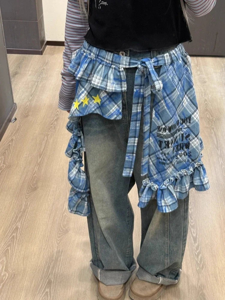 LIZAKOSHT  -  Y2k Aesthetic Plaid Irregular Ruffled Skirts Vintage Women Streetwear Letter Print Faldas Harajuku Grunge Casual Bandage Skirt