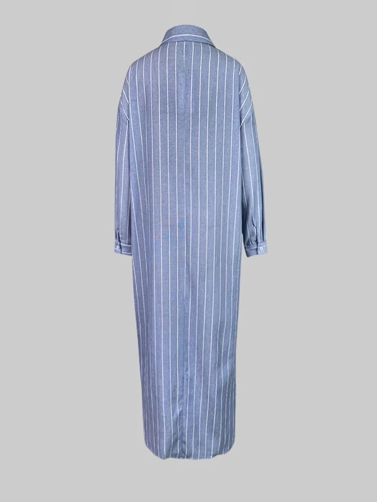LIZAKOSHT  -  Long Stripe Shirt Dress Woman Blue Elegant Dress New Casual Pocket Lapel Button Loose Workplace Formal Dresses