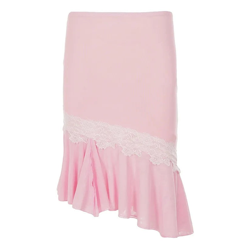 LIZAKOSHT  -  Vintage Sweet Women Summer Lrregular Design Skirt Y2k Aesthetic Spliced Lace Pleated Jupe Casual Vacation Style Streetwear Skirt