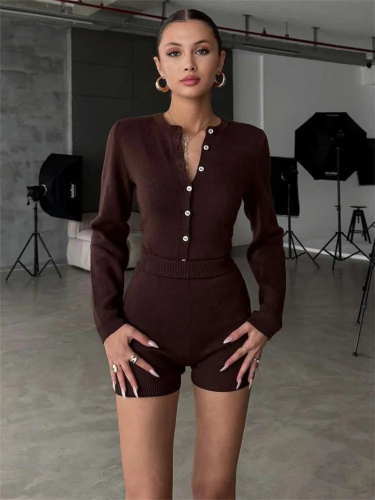 LIZAKOSHT  -  Knit 2 Piece-Set Shorts Female Ribbed Patchwork Sweater Cardigan Top And High Waist Shorts Sets Women' Knitwear Outfits