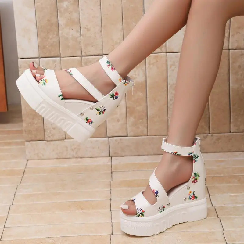 LIZAKOSHT  -  Rose Print Wedge Heel Ankle Strap Sandals Women Summer Rear Zip Chunky Platform Sandals Fashion Super High Heel Shoes