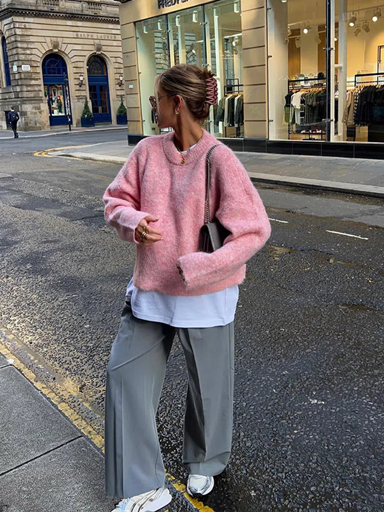 LIZAKOSHT  -  Casual Oversize Pink Women's Cashmere Base Sweater Fashion Long Sleeve Solid Round Collar Pullover New Lady High Streetwear