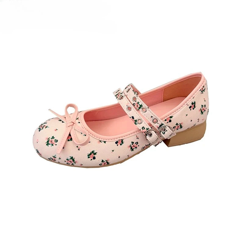LIZAKOSHT  -  Lolita Style Sweet Low Heel Women Mary Jane Shoes Designer Buckle Strap Pumps Ladies Eelgant Floral Print Dress Leather Shoes