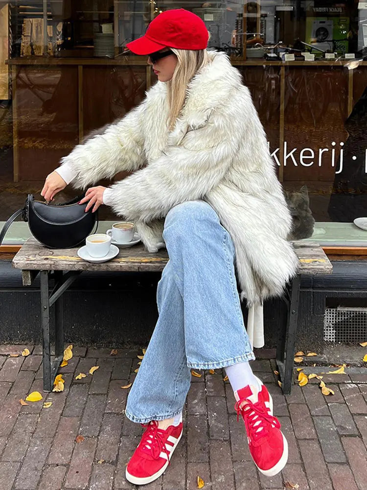 LIZAKOSHT Faux Fur Overcoat Single Breasted Women's Warm Fleece Mid-Length Lapel Trench Coat Winter Female Loose Fluffy Outerwear