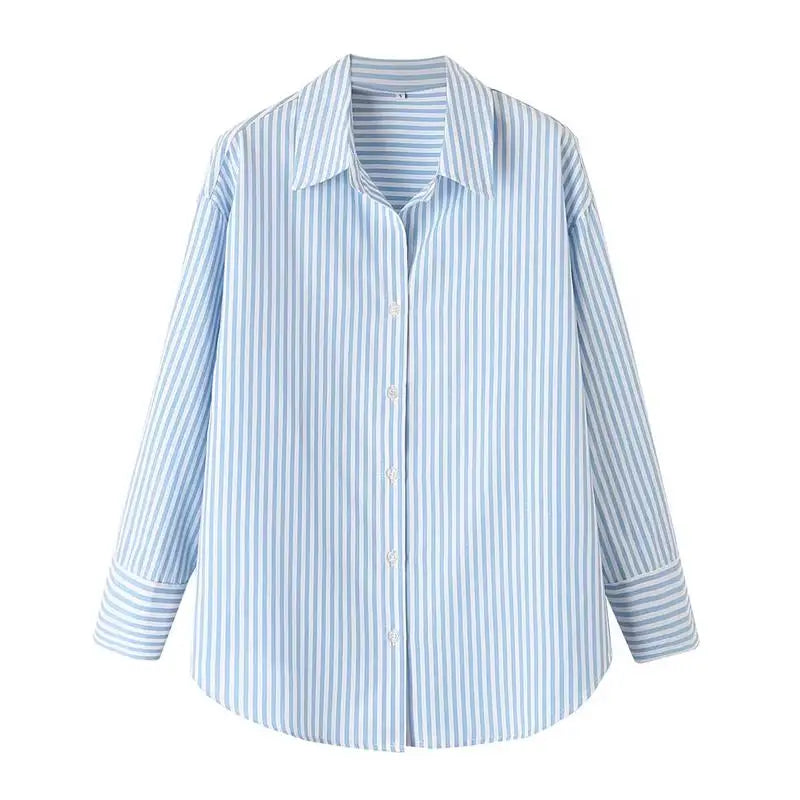 LIZAKOSHT  -  Tops Shirts Spring Women's 2025 New Chic Striped Elegant Loose V-neck Women's Shirts Street Casual Fashion Youth Office Blouses