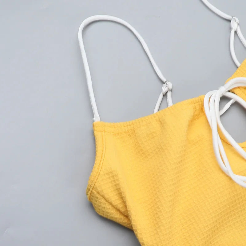 LIZAKOSHT  -  Knitted Sexy Backless Bandage Women Dress Yellow Spaghetti Strap Evening Dress Spring Slim Elegant Vacation Beachwear