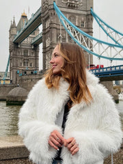 LIZAKOSHT  -  Women White Faux Fur Short Coat Elegant Lapel Collar Long Sleeve Loose Outerwear Lady New Winter Warm High Street Jacket 2025