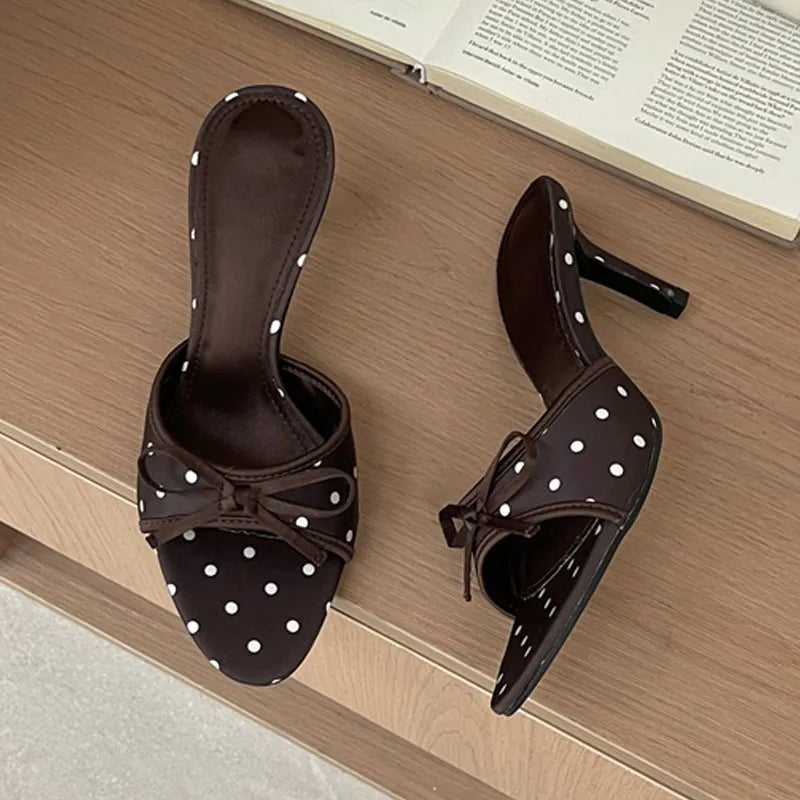LIZAKOSHT  -  High Quality Silk Butterfly-kont Polka Dot Thin Heels Women Slippers Fashion Summer Party Dress Slide Shoes