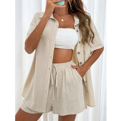 LIZAKOSH  -  Women's Solid Co-ord Set, Casual Short Sleeve Button Front Shirt & Tie Front Pocket Shorts, Comfy Summer Sets, Two Piece Set Women