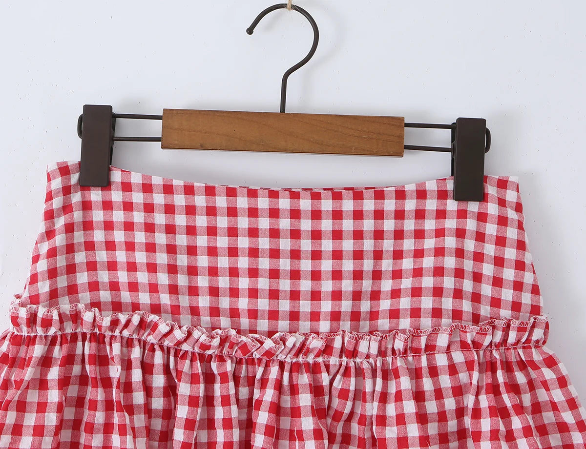 LIZAKOSHT  -  Sexy Red Plaid Spliced Lace Bow Ruched Chest Tank Top + High Waist Wood ears Mesh Lining Swing Cake Mini Skirt Suits 2pcs 1 Set