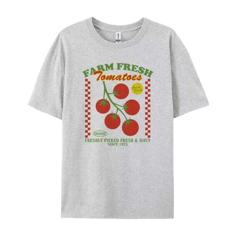 LIZAKOSHT  -  Farm Fresh Tomatoes Graphic Tops Summer Loose Fashion Women Tees Retro Style Fruit Vegetable T-Shirt Aesthetic Garden Shirt Y2k